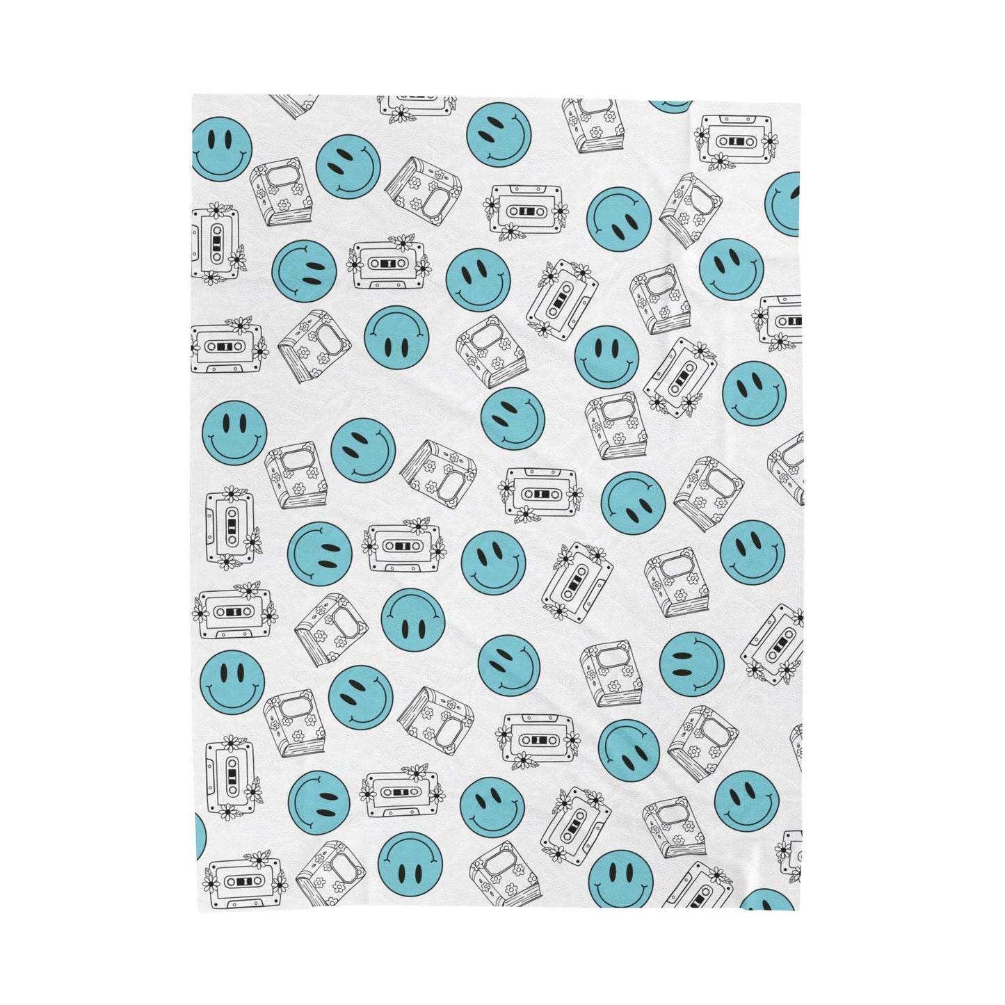 The Retro Collection - "Books & Mixtapes" Velveteen Plush Blanket Blue