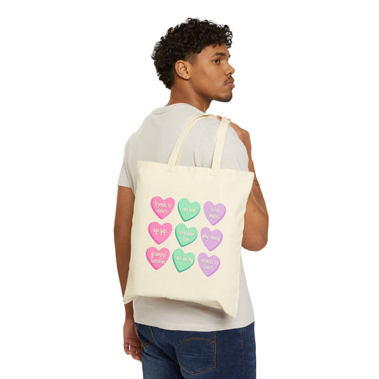 Bookish Valentine Collection - Book Trope Candy Hearts Cotton Canvas Tote Bag