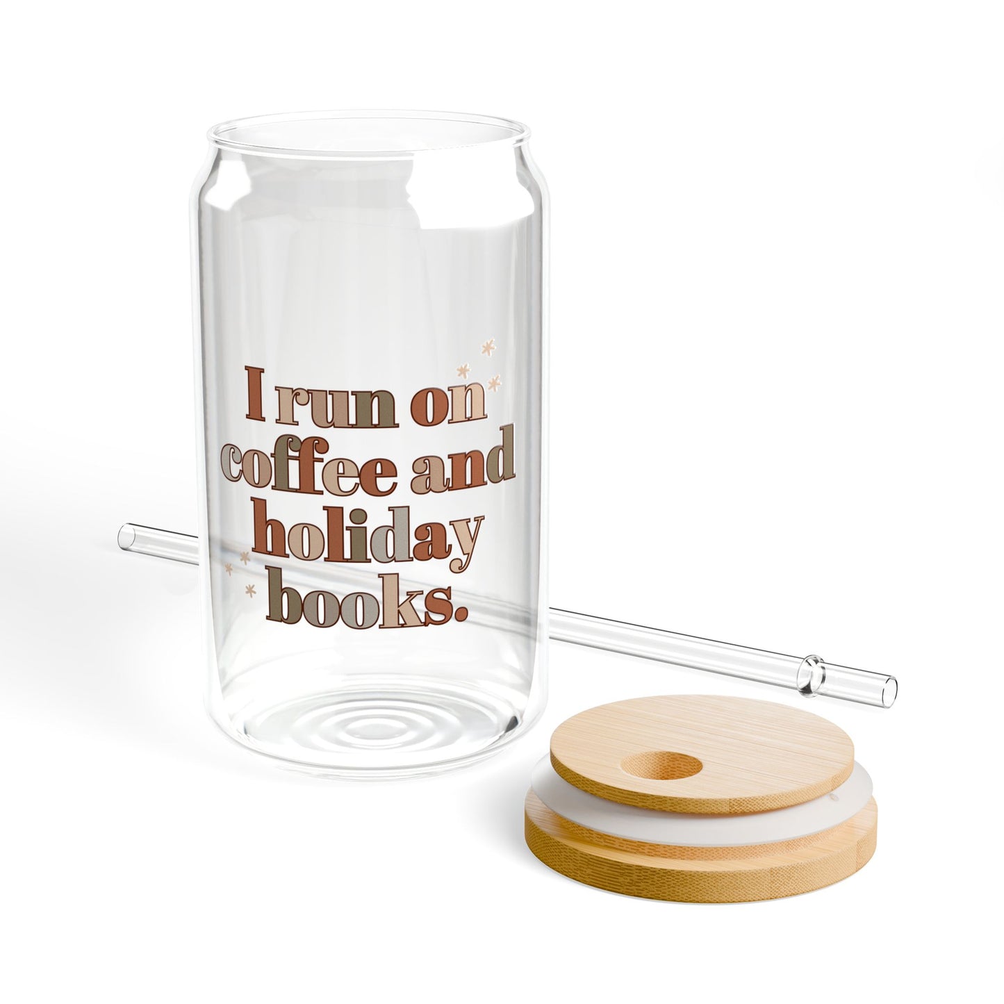 The Holiday Collection - "I Run on Coffee and Holiday Books" Glass Tumbler | Book Lover Drinkware | Literary Holiday Tumbler | Coffee & Bookish Gift for Readers