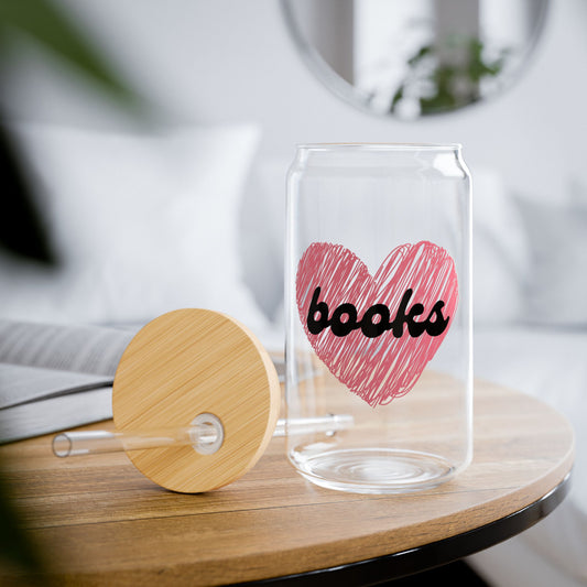 Bookish Valentine Collection - Books in a Heart Glass Tumbler - 16oz Literary Drinkware, Book Lover’s Gift, Eco-Friendly Beverage Cup, Perfect for Coffee, Tea, or Water, Ideal for Bibliophiles