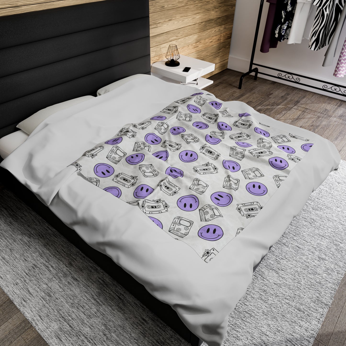 The Retro Collection - "Books & Mixtapes" Velveteen Plush Blanket Purple