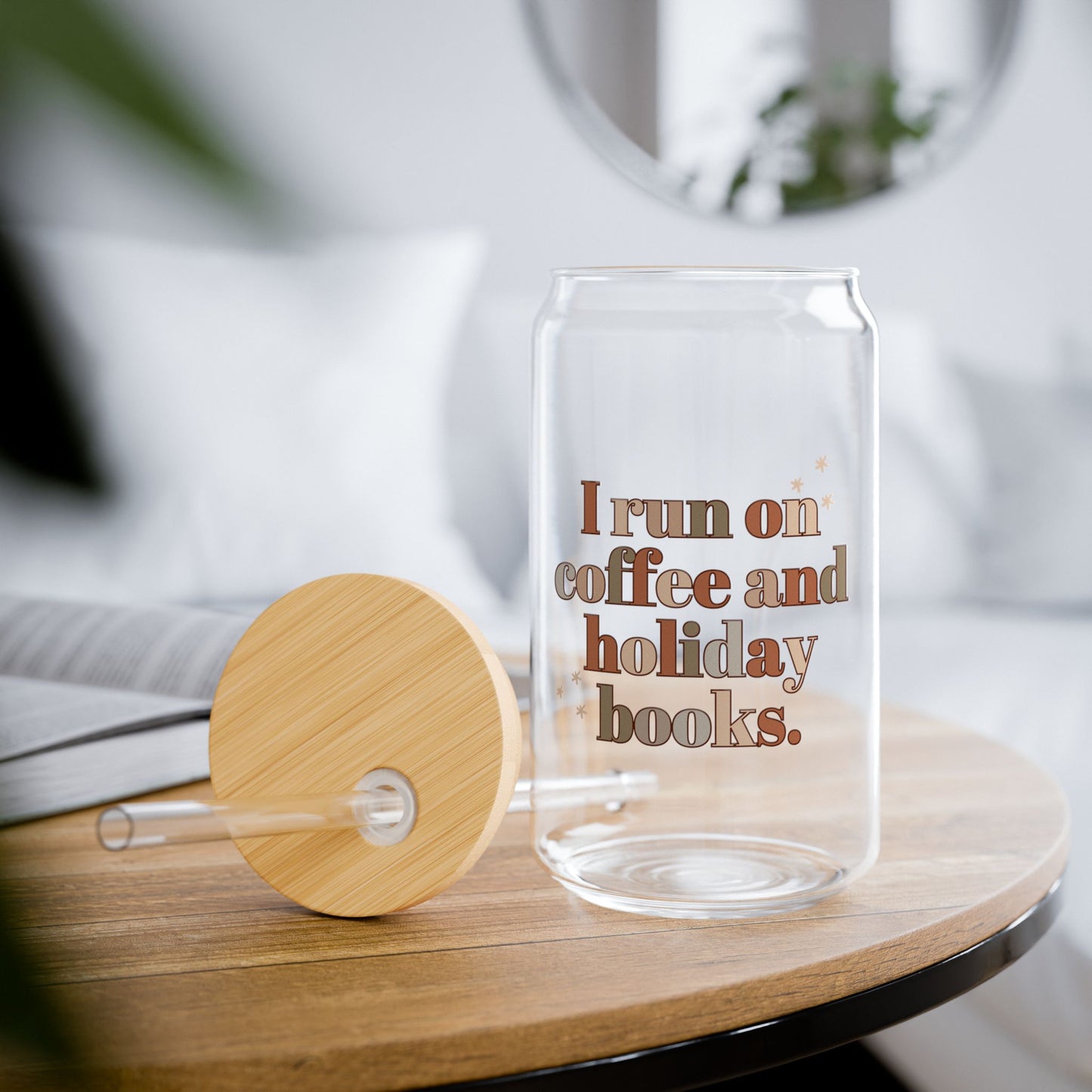 The Holiday Collection - "I Run on Coffee and Holiday Books" Glass Tumbler | Book Lover Drinkware | Literary Holiday Tumbler | Coffee & Bookish Gift for Readers