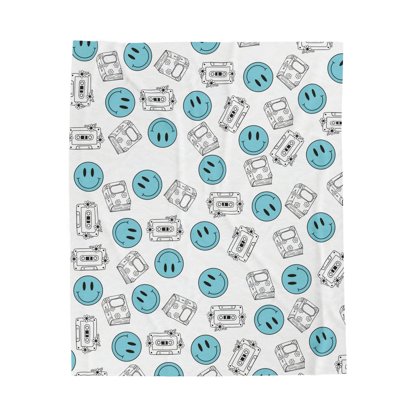 The Retro Collection - "Books & Mixtapes" Velveteen Plush Blanket Blue